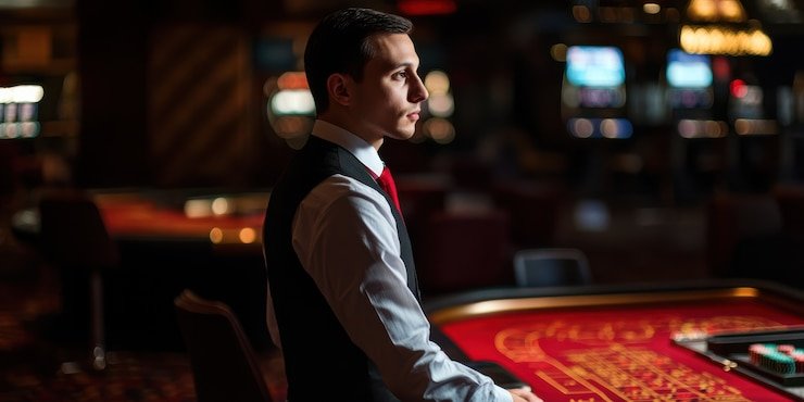 Dealer casino langsung memandu permainan dalam ruang Live Casino profesional